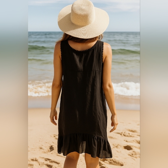 Sleeveless 100% Linen Silk Asymmetric Ruffle Hem Maxi Dress BLACK sz XS -M Italy - Picture 1 of 14